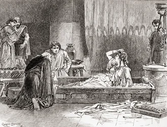 Szene aus William Shakespeares Stück Perikles, Prinz von Tyrus, Akt III, Szene 2, Thaisa: O, liebe Diana, wo bin ich? Wo ist mein Herr? Was für eine Welt ist das?, aus Die Werke von William Shakespeare, veröffentlicht 1896